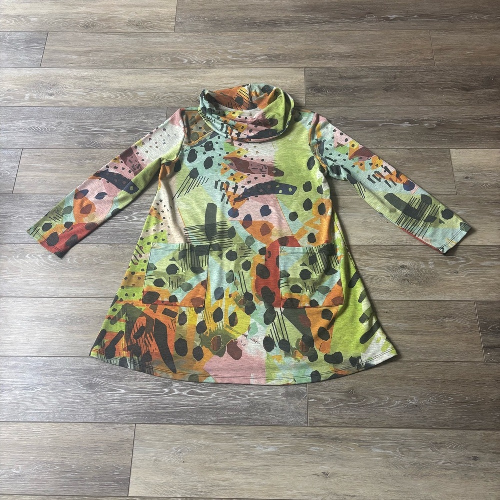 Jess & Jane Pop Art Tunic Top Sz M Abstract Print  Cowl Funky Boho Lagenlook